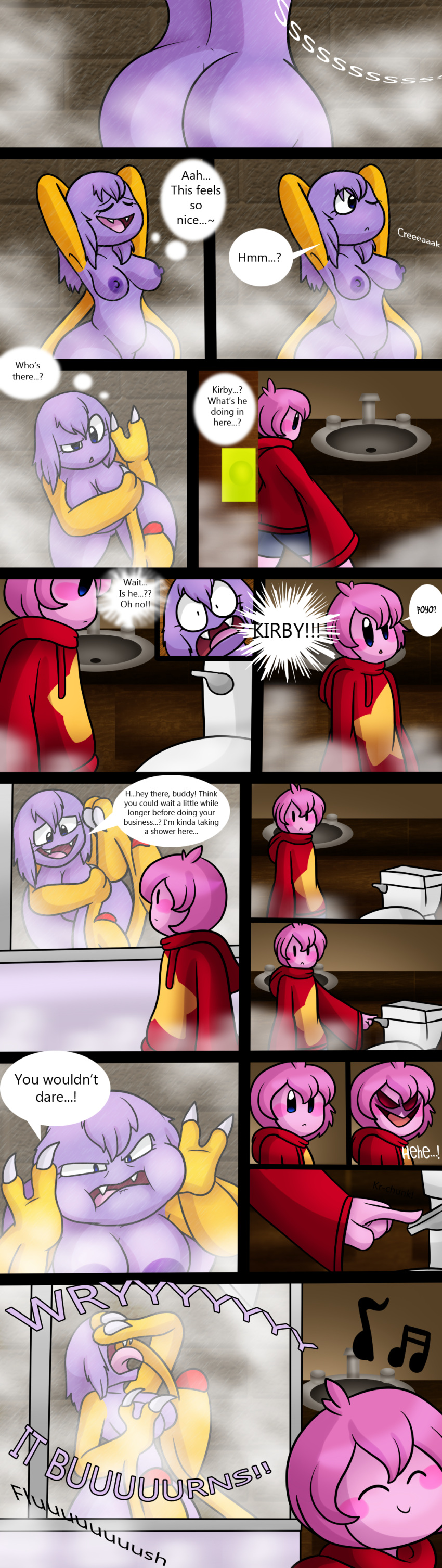 absurd_res anthro breasts butt clothing comic covering covering_breasts dialogue duo english_text female hi_res hoodie kirby kirby_(series) male male/female marx nintendo nude pain pure_evil shower text toilet topwear video_games yoshimister