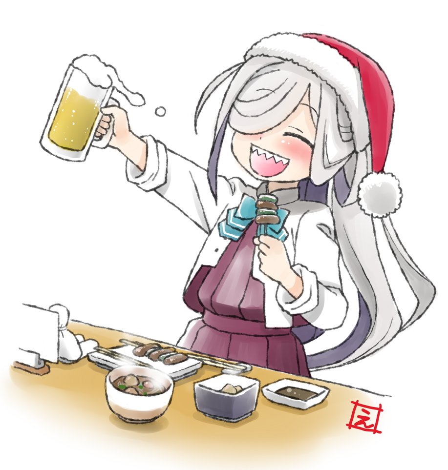 1girl :d alcohol asashimo_(kantai_collection) beer beer_mug blue_bow blue_neckwear blush bow bowl bowtie chopsticks closed_eyes cup doll dress ebifly foam food fur-trimmed_headwear grey_hair hair_over_one_eye hat holding holding_cup holding_food kantai_collection long_hair long_sleeves mug one_eye_covered open_clothes open_mouth open_shirt red_dress red_headwear santa_hat sharp_teeth shirt simple_background skewer smile solo steam teeth upper_teeth white_background white_shirt