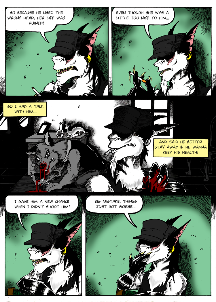 aardwolf anthro black_and_white black_body black_clothing black_fur black_hair black_hat black_headwear black_shirt black_stripes black_tank_top black_topwear blood blood_on_hand bodily_fluids canid canine canis cigarette cigarette_in_mouth claws clothing clusterskulls collar comic comic_page domestic_dog duo ear_piercing ear_ring english_text fur gore hair hat headgear headwear hyaenid magra_(clusterskulls) male mammal monochrome nosebleed piercing pink_inner_ear scar shirt smoking smoking_tobacco speech_bubble steve_(clusterskulls) stripes tank_top text topwear white_body white_fur yellow_teeth