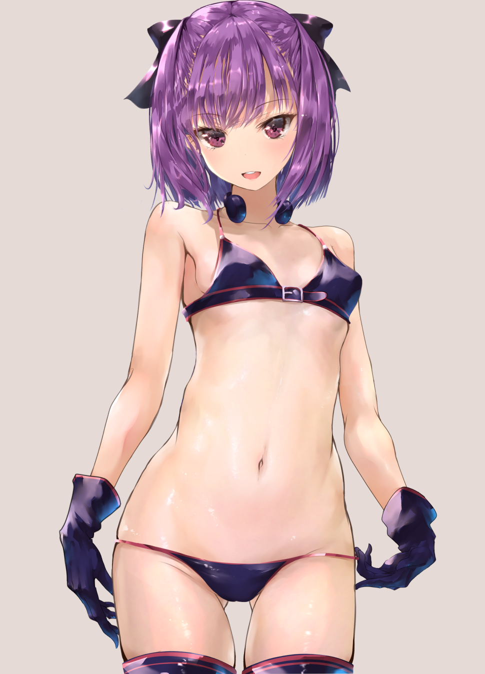 1girl bangs bare_shoulders bikini black_bikini black_bow black_gloves black_legwear blush bow breasts collarbone fate/grand_order fate_(series) gloves hair_bow helena_blavatsky_(fate/grand_order) helena_blavatsky_(swimsuit_archer)_(fate) highres looking_at_viewer navel open_mouth purple_eyes purple_hair sakazakinchan short_hair small_breasts smile swimsuit thighhighs thighs throat_microphone