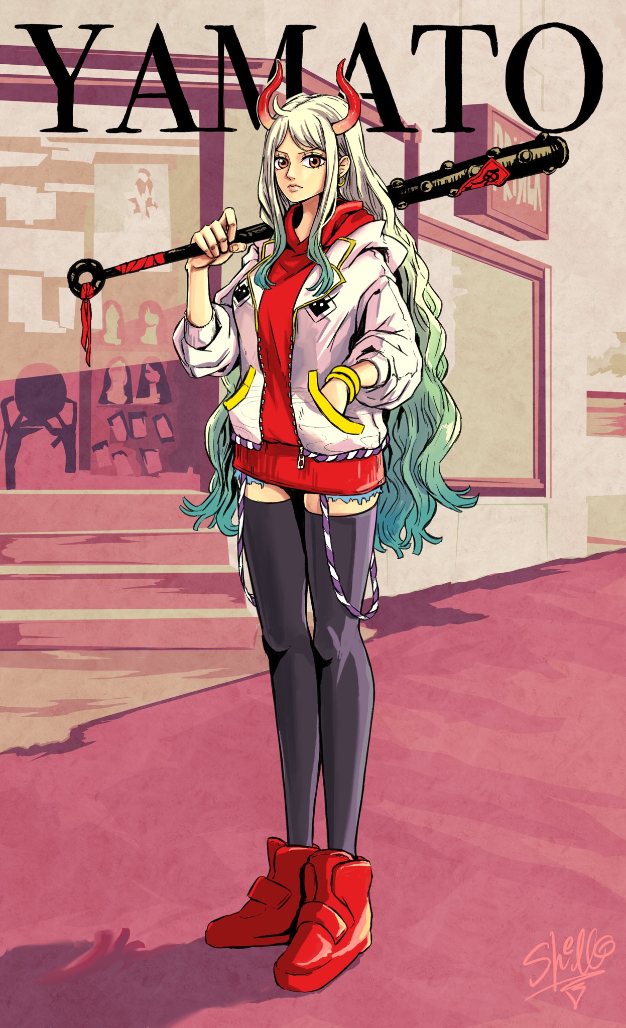 1girl alternate_costume black_legwear casual character_name closed_mouth club contemporary curled_horns cutoffs day earrings expressionless full_body green_hair hand_in_pocket hand_up highres holding holding_weapon hood hood_down hooded_jacket hoodie horns jacket jewelry kanabou lips long_hair long_sleeves looking_at_viewer microskirt multicolored_hair one_piece oni open_clothes open_jacket outdoors over_shoulder platinum_blonde_hair pocket red_horns sherumaru_(korcht06) shoes shorts shorts_under_skirt sidelocks signature skirt solo standing suspenders suspenders_hanging thighhighs two-tone_hair unzipped very_long_hair weapon weapon_over_shoulder yamato_(one_piece) zipper zipper_pull_tab