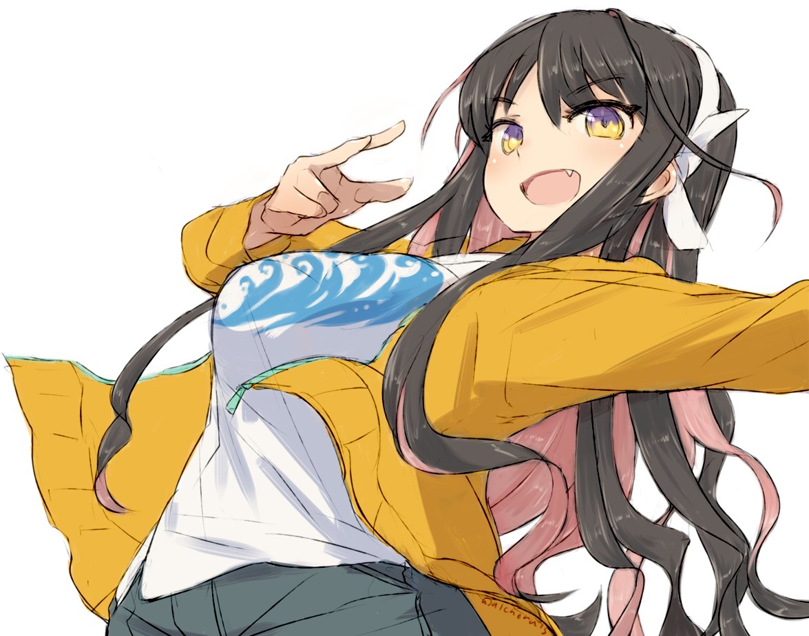1girl alchera black_hair commentary_request fang grey_shorts hair_down hairband jacket kantai_collection long_hair multicolored_hair naganami_(kantai_collection) open_mouth pink_hair purple_eyes remodel_(kantai_collection) shirt shorts simple_background skin_fang smile solo waves white_background white_hairband white_shirt yellow_jacket