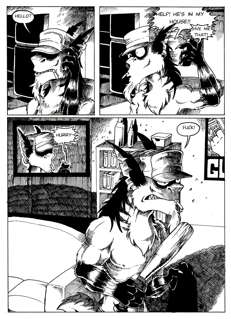 aardwolf anthro bat_(object) black_and_white bookshelf carrying_clothing cellphone cigarette cigarette_in_mouth claws clothed clothing clusterskulls comic comic_page ear_piercing ear_ring furniture hair hat headgear headwear hyaenid long_hair magra_(clusterskulls) mammal monochrome mullet phone phone_call piercing poster_(object) profanity sofa solo topless topless_male