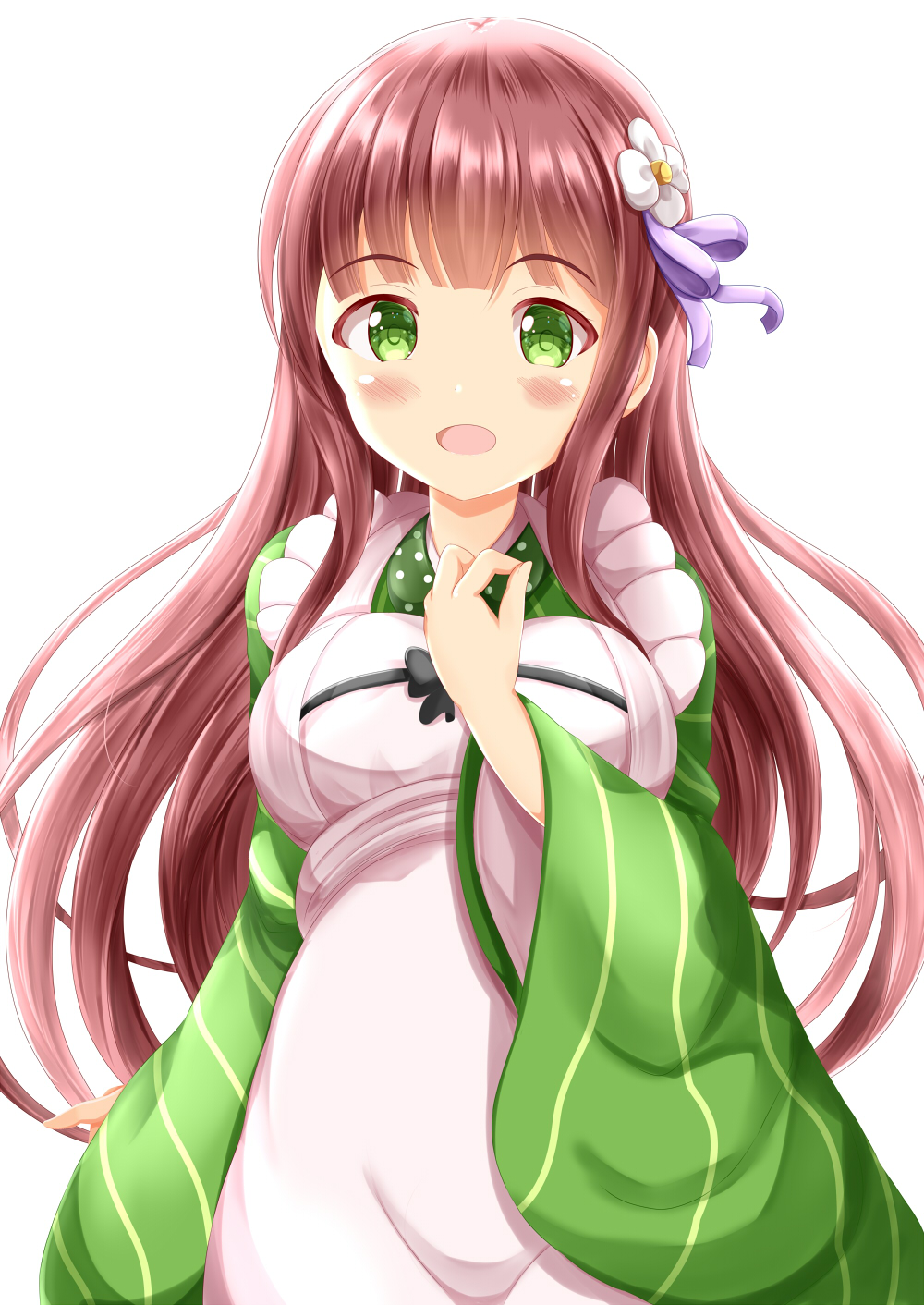 1girl :d ama_usa_an_uniform apron bangs blush breasts brown_hair commentary_request eyebrows_visible_through_hair flower frilled_apron frills gochuumon_wa_usagi_desu_ka? green_eyes green_kimono hair_flower hair_ornament hair_ribbon hand_up highres japanese_clothes kimono long_hair looking_at_viewer medium_breasts open_mouth purple_ribbon ribbon simple_background smile solo ujimatsu_chiya uniform very_long_hair waitress white_apron white_background white_flower zenon_(for_achieve)