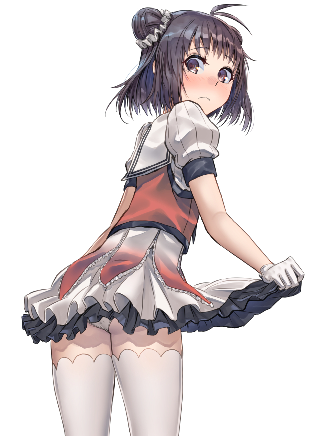 1girl antenna_hair ass blush brown_eyes brown_hair double_bun gloves highres kantai_collection lifted_by_self looking_at_viewer looking_back naka_(kantai_collection) panties puffy_short_sleeves puffy_sleeves remodel_(kantai_collection) short_hair short_sleeves simple_background skirt skirt_lift solo thighhighs underwear white_background white_gloves white_legwear white_panties white_skirt zombie_mogura