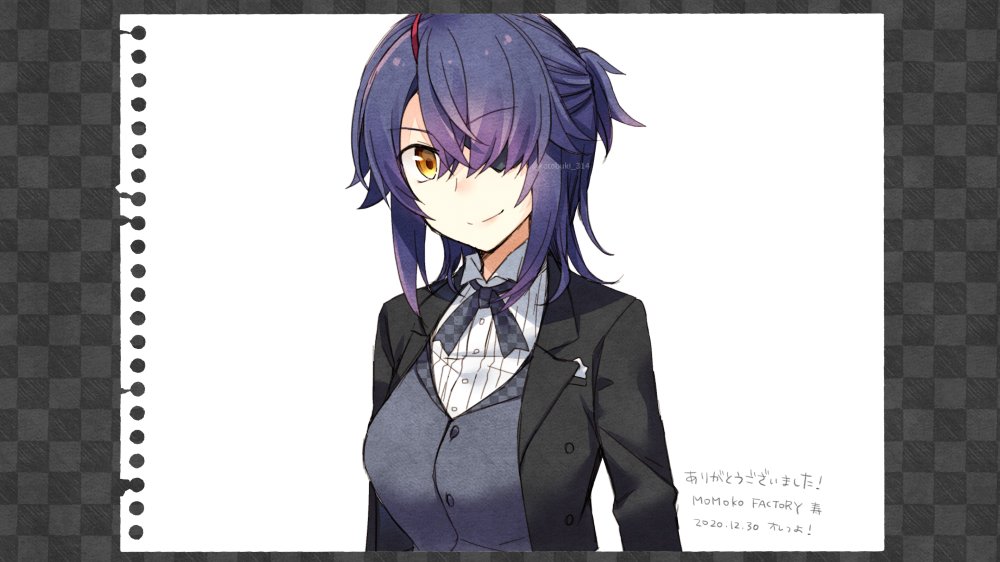 1girl breasts brown_eyes checkered checkered_neckwear closed_mouth collared_shirt eyebrows_visible_through_hair eyepatch hair_over_one_eye kantai_collection kotobuki_(momoko_factory) large_breasts looking_at_viewer messy_hair purple_hair shirt short_hair smile solo tenryuu_(kantai_collection) translation_request twitter_username white_shirt