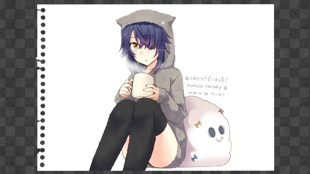 1girl black_legwear blush brown_eyes cup eyebrows_visible_through_hair grey_hoodie hair_over_one_eye holding holding_cup hood hoodie kantai_collection kotobuki_(momoko_factory) looking_at_viewer messy_hair miss_cloud parted_lips purple_hair short_hair sitting solo tenryuu_(kantai_collection) thighhighs translation_request