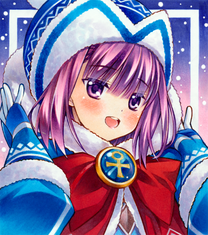 1girl ankh badge bangs beanie blue_coat blue_dress blue_gloves blue_headwear blush bow breasts coat dress fate/grand_order fate/grand_order_arcade fate_(series) fur-trimmed_coat fur_trim gloves hat helena_blavatsky_(christmas)_(fate) helena_blavatsky_(fate/grand_order) large_bow long_sleeves looking_at_viewer open_mouth purple_eyes purple_hair red_bow short_hair small_breasts smile yuto_takumi