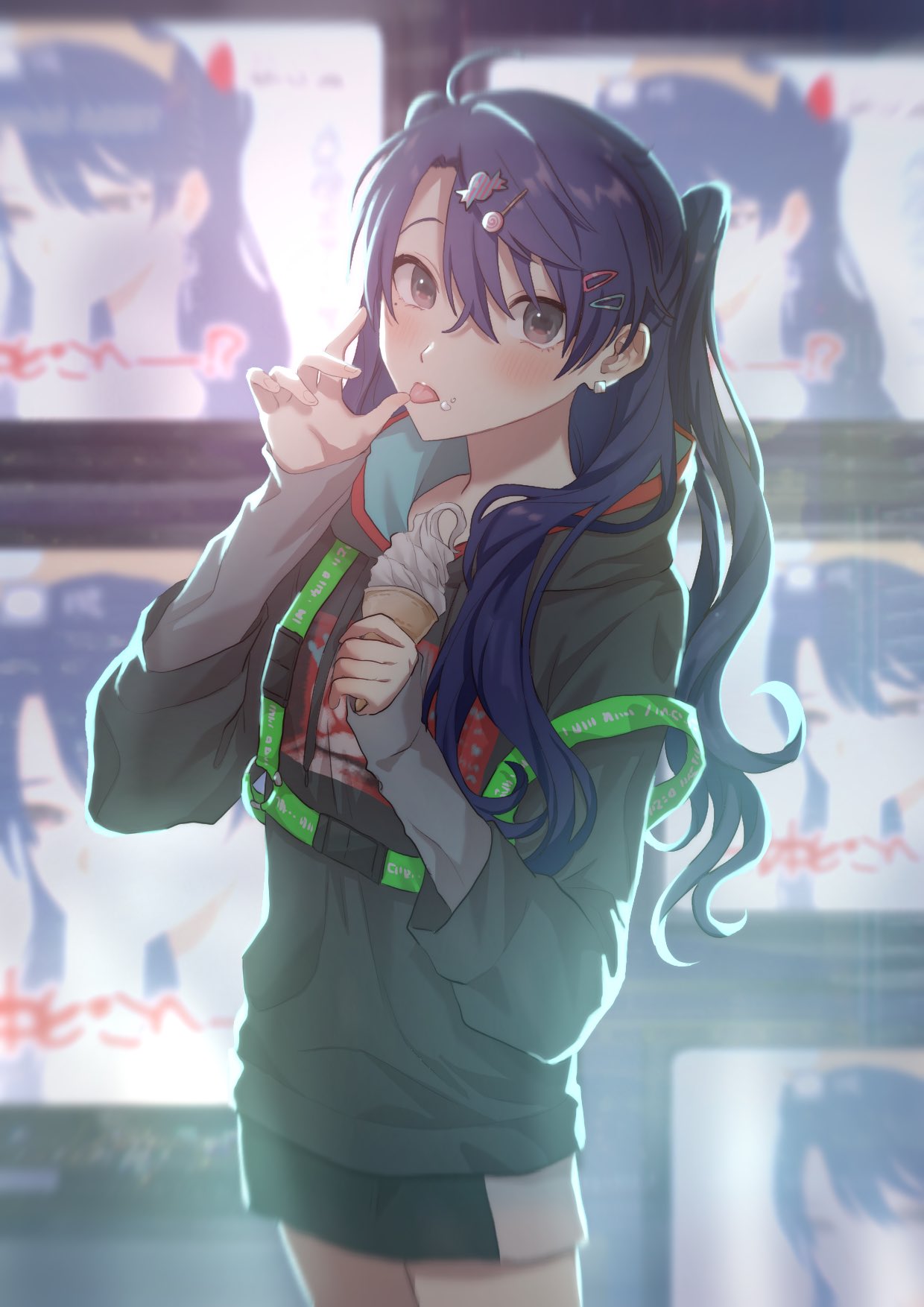 1girl black_skirt blue_hair finger_licking food food_themed_hair_ornament genderswap genderswap_(mtf) grey_eyes grey_hoodie hair_between_eyes hair_ornament hairclip harusaki_air highres holding holding_food hood hoodie ice_cream licking long_hair long_sleeves nijisanji odoro_(odorono_v) skirt solo twintails virtual_youtuber