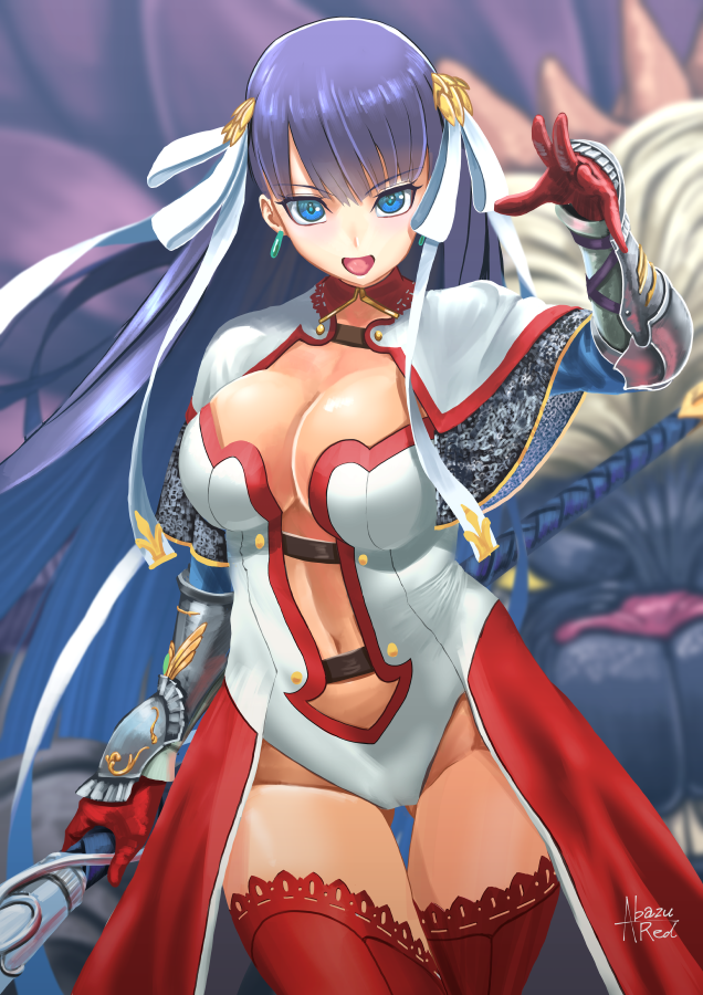 1girl abazu-red bangs belt blue_eyes blunt_bangs breasts capelet center_opening cleavage dragon earrings fate/grand_order fate_(series) gauntlets hair_ribbon jewelry large_breasts leotard long_hair looking_at_viewer navel open_mouth pelvic_curtain purple_hair red_legwear ribbon saint_martha staff tarrasque_(fate) thighhighs thighs white_capelet white_leotard