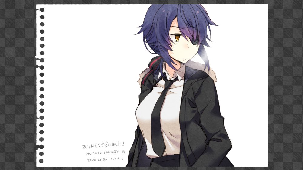 1girl black_neckwear breasts brown_eyes closed_mouth collared_shirt eyebrows_visible_through_hair eyepatch fur-trimmed_jacket fur_trim hair_over_one_eye jacket kantai_collection kotobuki_(momoko_factory) large_breasts long_sleeves looking_away messy_hair necktie purple_hair shirt short_hair solo tenryuu_(kantai_collection) translation_request white_shirt