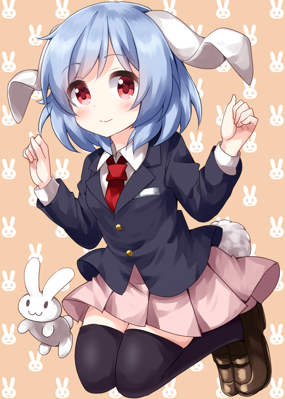 1girl :3 animal_ears bangs black_jacket black_legwear blazer blue_hair brown_footwear bunny bunny_background bunny_ears bunny_tail buttons clenched_hands closed_mouth collared_shirt eyebrows_visible_through_hair full_body highres jacket legs_up long_sleeves looking_at_viewer medium_hair necktie open_mouth orange_background pink_skirt pleated_skirt red_eyes red_neckwear reisen ruu_(tksymkw) shirt skirt smile tail thighhighs touhou white_shirt