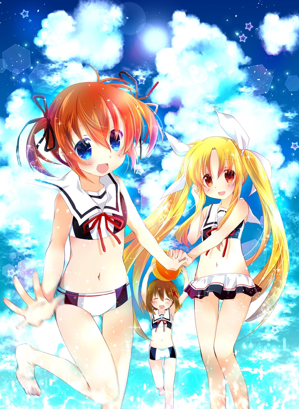 3girls adapted_uniform arms_up ball bangs barefoot beachball bikini_shorts bikini_skirt black_ribbon blonde_hair blue_eyes brown_hair closed_eyes cloud cloudy_sky commentary_request day fate_testarossa hair_ornament hair_ribbon hairclip hand_in_hair highres holding holding_ball holding_hands kanan_asuka lens_flare light_particles long_hair looking_at_viewer lyrical_nanoha mahou_shoujo_lyrical_nanoha mahou_shoujo_lyrical_nanoha_a's multiple_girls navel neck_ribbon open_mouth outdoors red_eyes red_neckwear ribbon sail short_hair short_twintails shorts sidelocks skirt sky smile sparkle splashing standing standing_on_one_leg star_(symbol) takamachi_nanoha thigh_gap twintails very_long_hair white_ribbon white_skirt yagami_hayate