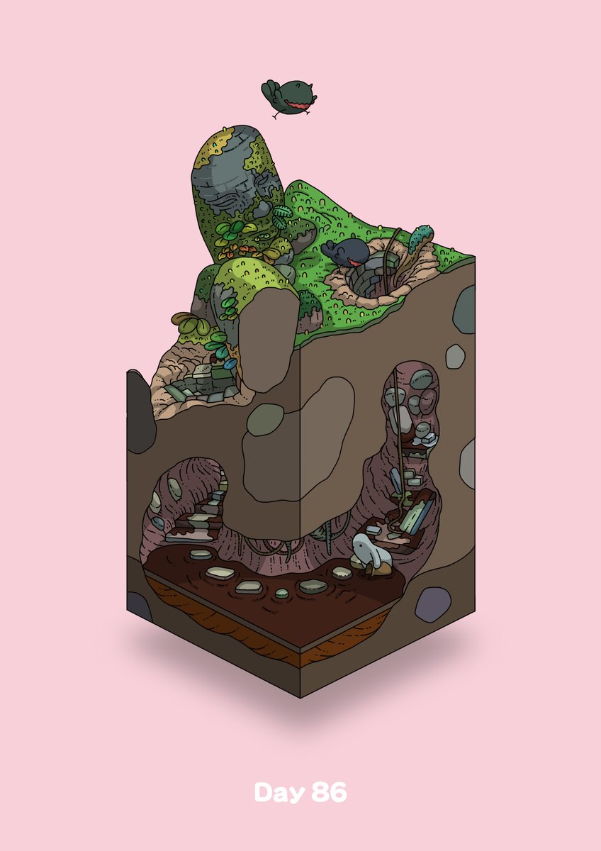 commentary_request diorama flying gozz highres isometric moss olmec_head original overgrown pink_background pot stairs stepping_stones underground