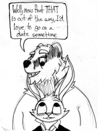 age_difference anthro badger black_and_white black_clothing black_nose black_topwear blush buckteeth calvin_lapin_(spiff) cheek_tuft chin_tuft closed_smile clothing dialogue duo english_text eye_contact eyebrows facial_markings facial_tuft fan_character fur head_markings lagomorph larger_male leporid looking_at_another looking_down looking_up male mammal markings mature_male messy_clothing monochrome mustelid musteline neck_tuft rabbit scruffy sharp_teeth shirt simple_background size_difference smaller_male speech_bubble spiff striped_face stripes teeth text topwear traditional_media_(artwork) tristan_growlagher_(spiff) tuft white_background white_body white_clothing white_eyebrows white_fur white_shirt white_topwear
