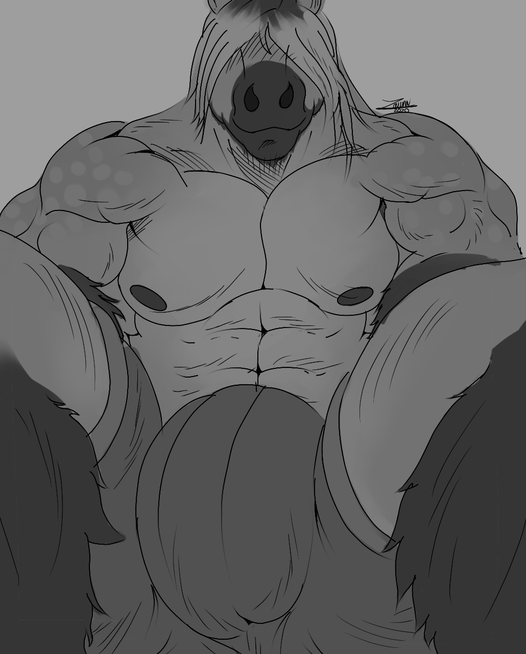 2020 abs anthro big_bulge bulge clydesdale cullen_wickers dark_nipples digital_media_(artwork) draft_horse equid equine eyes_obscured greyscale hi_res horse male mammal monochrome mottled mottled_body muscular muscular_anthro muscular_arms muscular_male pecs presenting_bulge signature solo zawn
