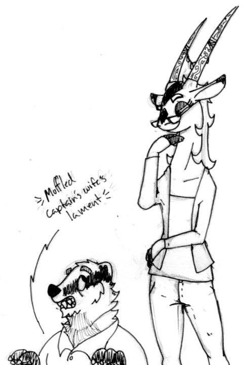 2016 age_difference antelope anthro badger black_and_white black_nose bottomwear bovid cardigan carved_horn carved_horns cheek_tuft chin_tuft clenched_teeth clothing collarbone dipstick_ears duo english_text eye_contact eyebrows facial_markings facial_tuft fan_character female finger_claws fingerclaws fingers hair head_markings hooved_fingers horn_jewelry horn_ornament larger_female looking_at_another male mammal markings mature_male monochrome multicolored_ears mustelid musteline narrowed_eyes neck_tuft older_male pants raised_eyebrows sarah_handlebach_(spiff) scruffy sharp_teeth shirt simple_background size_difference smaller_male smile spiff striped_face stripes teeth text topwear traditional_media_(artwork) tristan_growlagher_(spiff) tuft white_background white_bottomwear white_cardigan white_clothing white_eyebrows white_hair white_pants white_shirt white_topwear younger_female