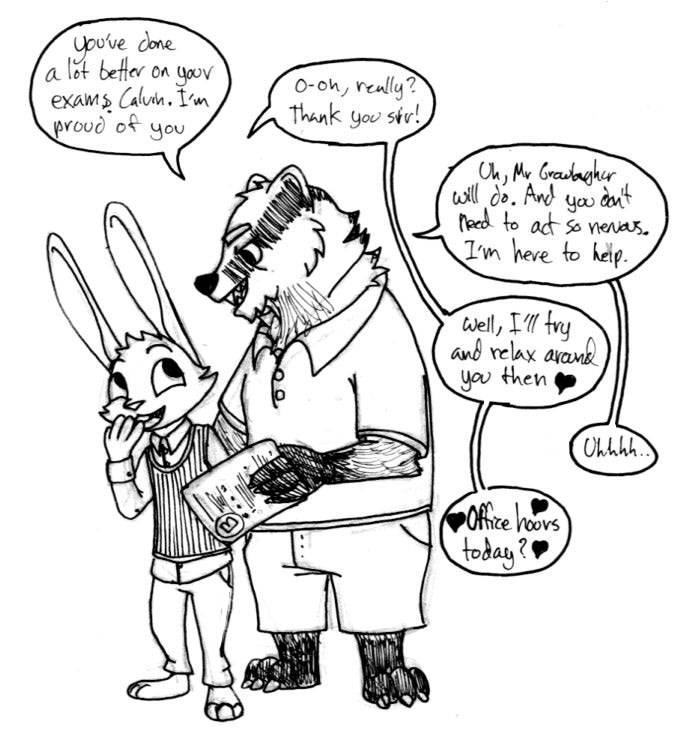 ! &lt;3 ... 2016 3_toes 4_fingers ? age_difference anthro arm_tuft badger barefoot black_and_white black_nose bottomwear buckteeth calvin_lapin_(spiff) cheek_tuft chin_tuft claws clothing dialogue duo elbow_tufts english_text eye_contact eyebrows facial_markings facial_tuft fan_character finger_claws fingerclaws fingers fur gloves_(marking) head_markings holding_paper lagomorph larger_male leg_markings leporid looking_at_another male mammal markings mature_male monochrome mustelid musteline neck_tuft older_male open_mouth open_smile pants polo_shirt rabbit raised_eyebrows schoolwork scruffy sharp_teeth shirt shorts simple_background size_difference smaller_male smile socks_(marking) speech_bubble spiff striped_face striped_sweater_vest stripes student sweater sweater_vest teacher teeth text toe_claws toes topwear traditional_media_(artwork) tristan_growlagher_(spiff) tuft vest white_background white_body white_bottomwear white_clothing white_fur white_pants white_polo_shirt white_shirt white_shorts white_topwear younger_male