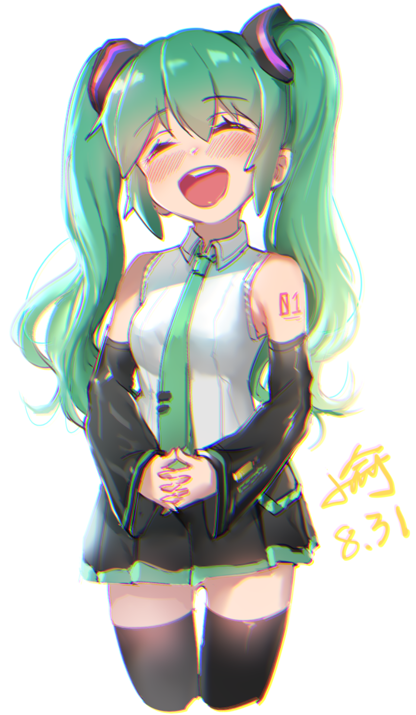 1girl :d ^_^ bangs bare_shoulders black_legwear black_skirt black_sleeves blush breasts closed_eyes cropped_legs dated detached_sleeves eyebrows_visible_through_hair facing_viewer green_hair green_neckwear hair_between_eyes hands_together hatsune_miku head_tilt highres interlocked_fingers long_hair long_sleeves open_mouth own_hands_together pleated_skirt shirt signature simple_background skirt sleeveless sleeveless_shirt sleeves_past_wrists small_breasts smile solo thighhighs tie_clip twintails upper_teeth very_long_hair vocaloid white_background white_shirt wide_sleeves xiaoyu