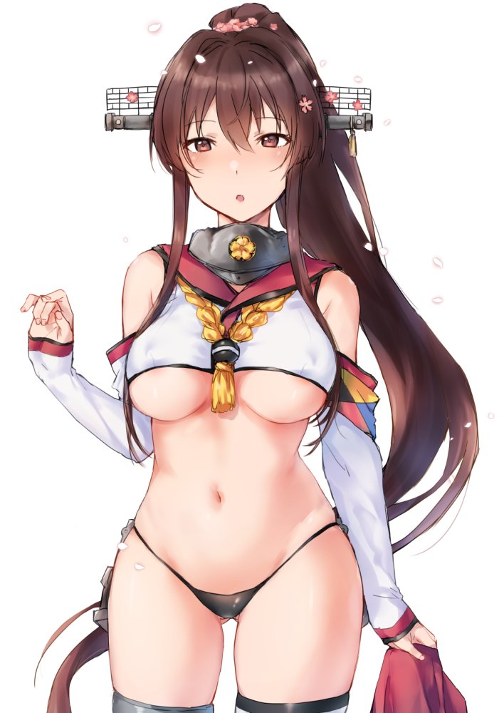 1girl :o adapted_costume areola_slip areolae bangs blush breasts brown_eyes brown_hair crop_top detached_sleeves eyebrows_visible_through_hair flower hair_between_eyes hair_flower hair_ornament headgear highleg highleg_panties holding kansho_(stm_735) kantai_collection large_breasts long_hair long_sleeves midriff navel open_mouth panties petals ponytail sidelocks simple_background solo tassel thighhighs underboob underwear white_background white_legwear yamato_(kantai_collection)