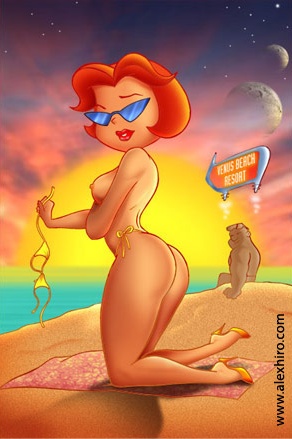 alex_hiro ass beach bikini blanket bob_cut breasts character_request hanna-barbera high_heels jane_jetson lipstick milf nipples orange_hair planet pose public sand sea short_hair sunglasses sunset swimsuit the_jetsons topless undressing wife yellow_swimsuit