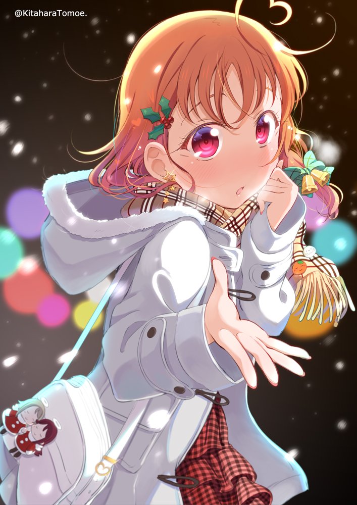 ahoge bag bell blush coat hair_bell hair_ornament handbag holly_hair_ornament kitahara_tomoe_(kitahara_koubou) looking_at_viewer love_live! love_live!_sunshine!! orange_hair scarf snow takami_chika white_coat