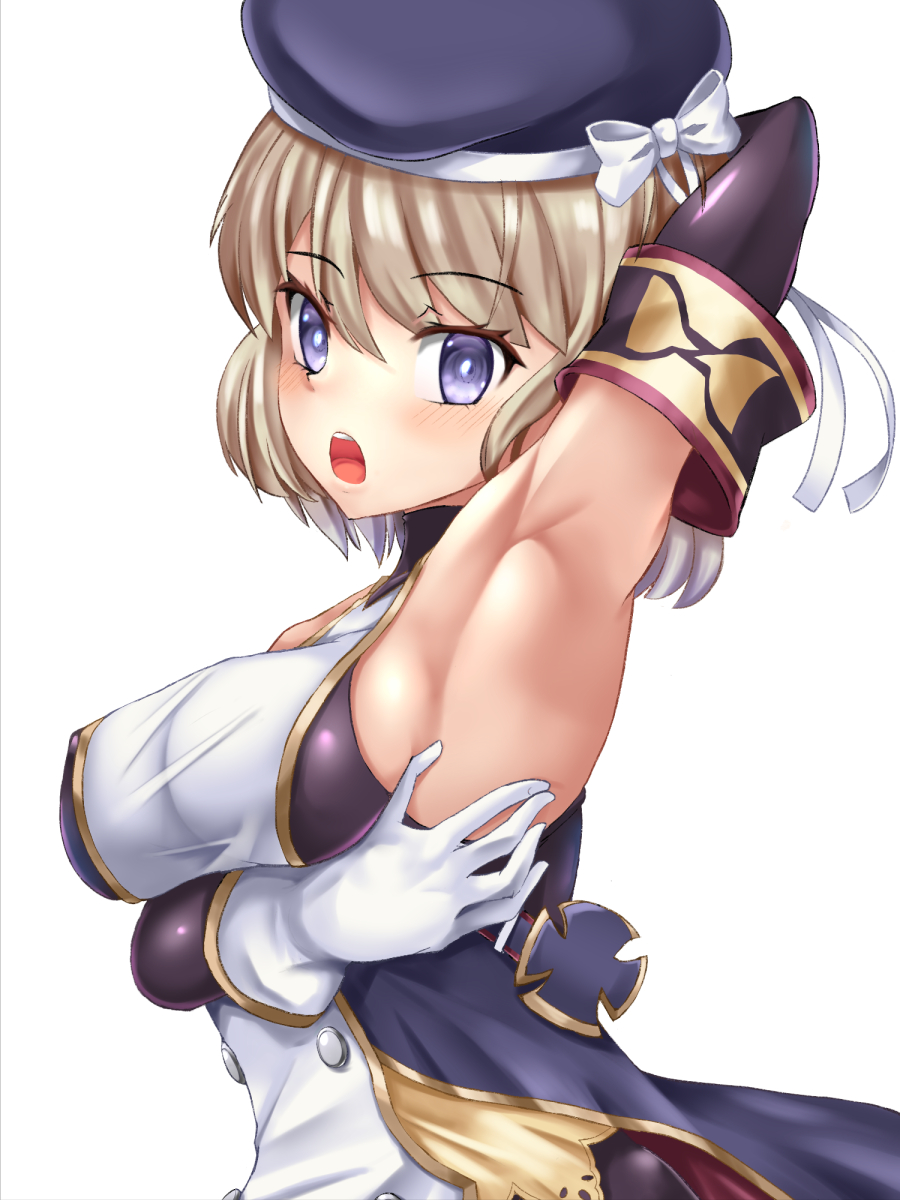 1girl arm_behind_head arm_up armpits azur_lane bangs bare_shoulders beret bike_shorts black_gloves blue_eyes blush bodystocking breasts commentary_request cra4 double-breasted elbow_gloves eyebrows_visible_through_hair gloves hair_between_eyes hat highres iron_cross looking_at_viewer medium_breasts open_mouth platinum_blonde_hair presenting_armpit ribbon short_hair sideboob sidelocks simple_background sleeveless solo standing taut_clothes upper_body upper_teeth white_background white_gloves white_ribbon z23_(azur_lane)