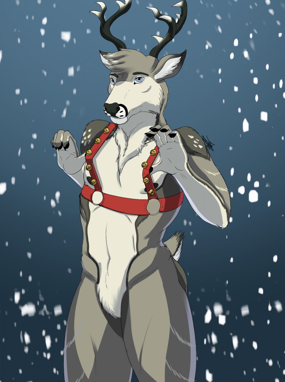 2019 5_fingers anthro bell bell_harness blue_background blue_eyes cervid featureless_crotch fingers fur gradient_background harness hi_res humanoid_hands jingle_bell jingle_bell_harness male mammal mostly_nude simple_background snow snowing solo tan_body tan_fur zawn