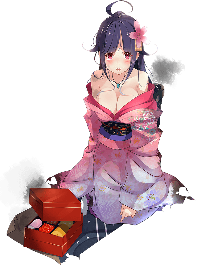 1girl ahoge breasts cleavage flower food full_body hair_flaps hair_flower hair_ornament japanese_clothes kantai_collection kimono kujou_ichiso large_breasts long_hair long_sleeves magatama obentou obi official_art pink_flower pink_kimono purple_hair red_eyes ryuuhou_(kantai_collection) sash solo taigei_(kantai_collection) transparent_background wide_sleeves