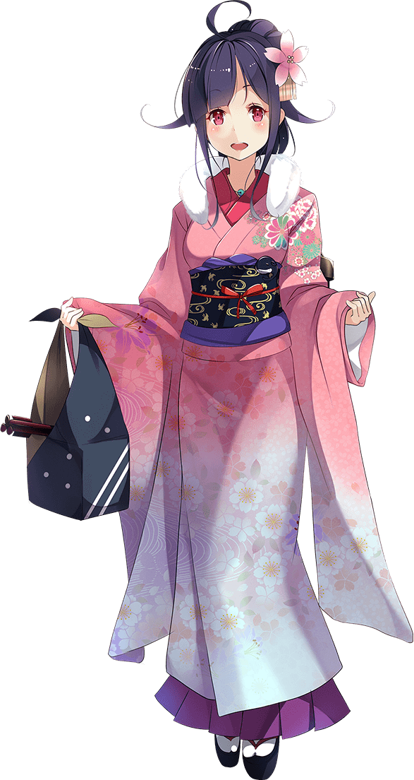 1girl ahoge blush flower full_body hair_flaps hair_flower hair_ornament japanese_clothes kantai_collection kimono kujou_ichiso long_hair long_sleeves magatama obi official_art open_mouth pink_flower pink_kimono purple_hair red_eyes ryuuhou_(kantai_collection) sash smile solo tabi taigei_(kantai_collection) transparent_background wide_sleeves zouri