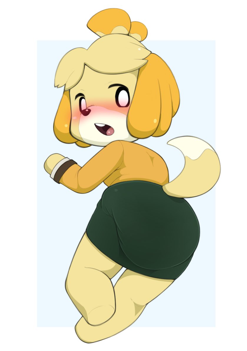 accessory animal_crossing anthro black_eyes black_nose blonde_hair blush bottomwear canid canine canis clothed clothing diaper diaper_bulge domestic_dog embarrassed female fur hair hair_accessory hair_tie isabelle_(animal_crossing) mammal nintendo nyanyakotarou open_mouth pencil_skirt raised_tail shih_tzu short_hair skirt solo topwear toy_dog video_games yellow_body yellow_fur