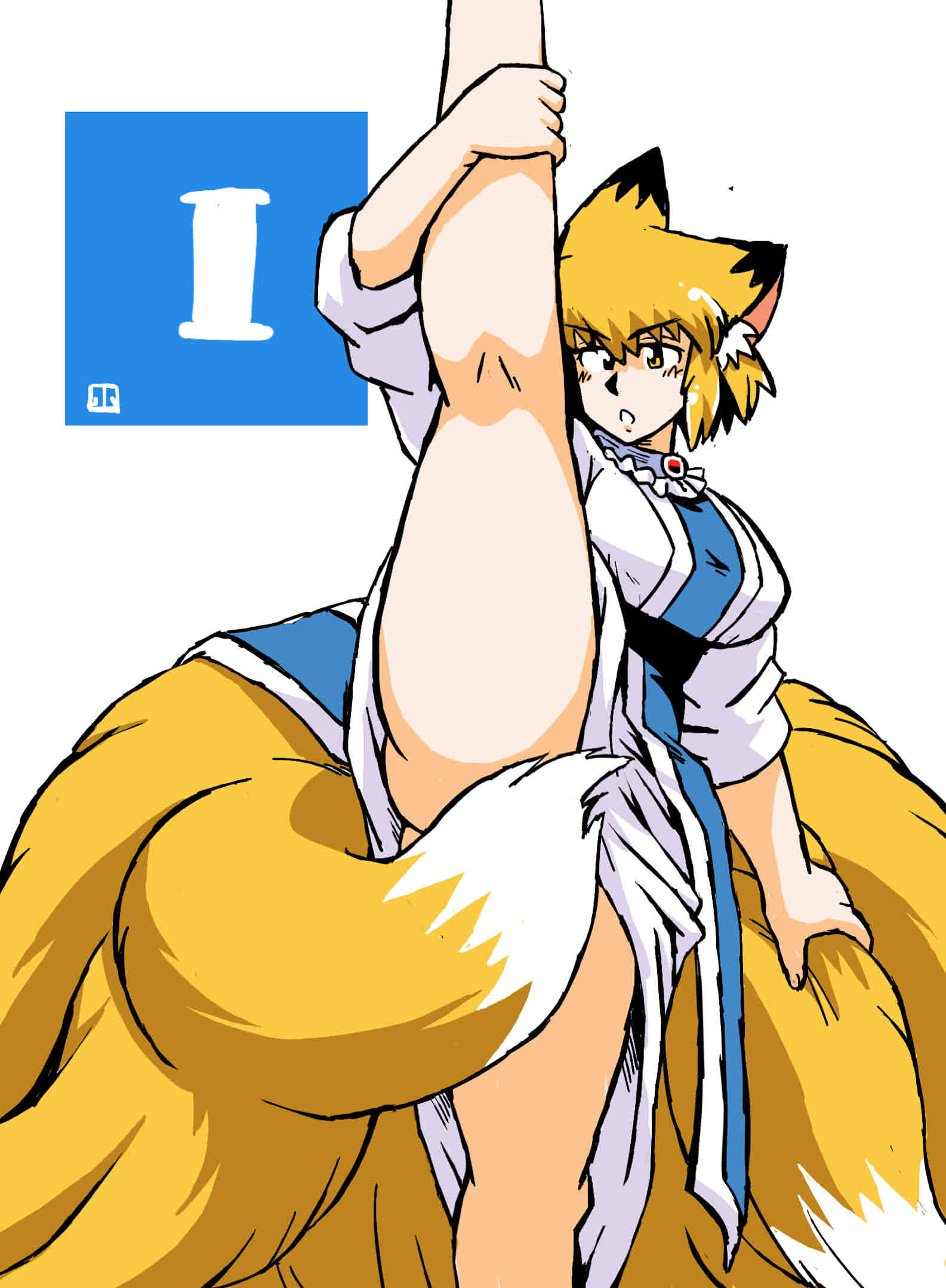 9_tails animal_humanoid azuki_osamitsu big_breasts biped blonde_hair breasts canid canid_humanoid canine canine_humanoid clothing convenient_censorship dipstick_ears dipstick_tail dress female flexible fluffy fluffy_tail fox_humanoid fur hair hand_on_leg hi_res holding_leg humanoid inner_ear_fluff light_body light_skin looking_at_viewer mammal mammal_humanoid monotone_hair multi_tail multicolored_ears multicolored_tail on_one_leg one_leg_up pink_inner_ear raised_leg ran_yakumo short_hair simple_background solo splits spread_legs spreading standing tabard tail_censorship thick_thighs touhou tuft two_tone_ears two_tone_tail upskirt vertical_splits video_games white_background white_clothing white_dress white_inner_ear_fluff yellow_body yellow_eyes yellow_fur