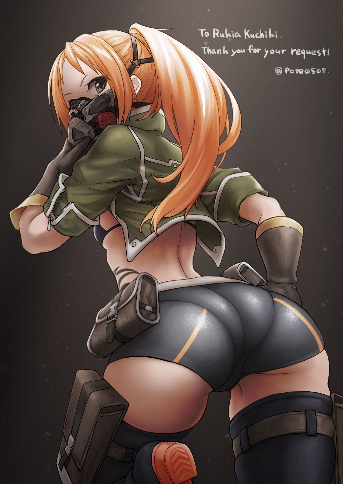 1girl ass bike_shorts bikini bikini_top black_bikini black_legwear black_shorts breasts code_vein commission cropped_jacket from_behind gas_mask gloves green_jacket grey_eyes highres jacket long_hair looking_at_viewer looking_back mask murasame_rin_(code_vein) orange_hair pote0508 shorts skeb_commission small_breasts solo standing swimsuit tattoo thighhighs tribal_tattoo