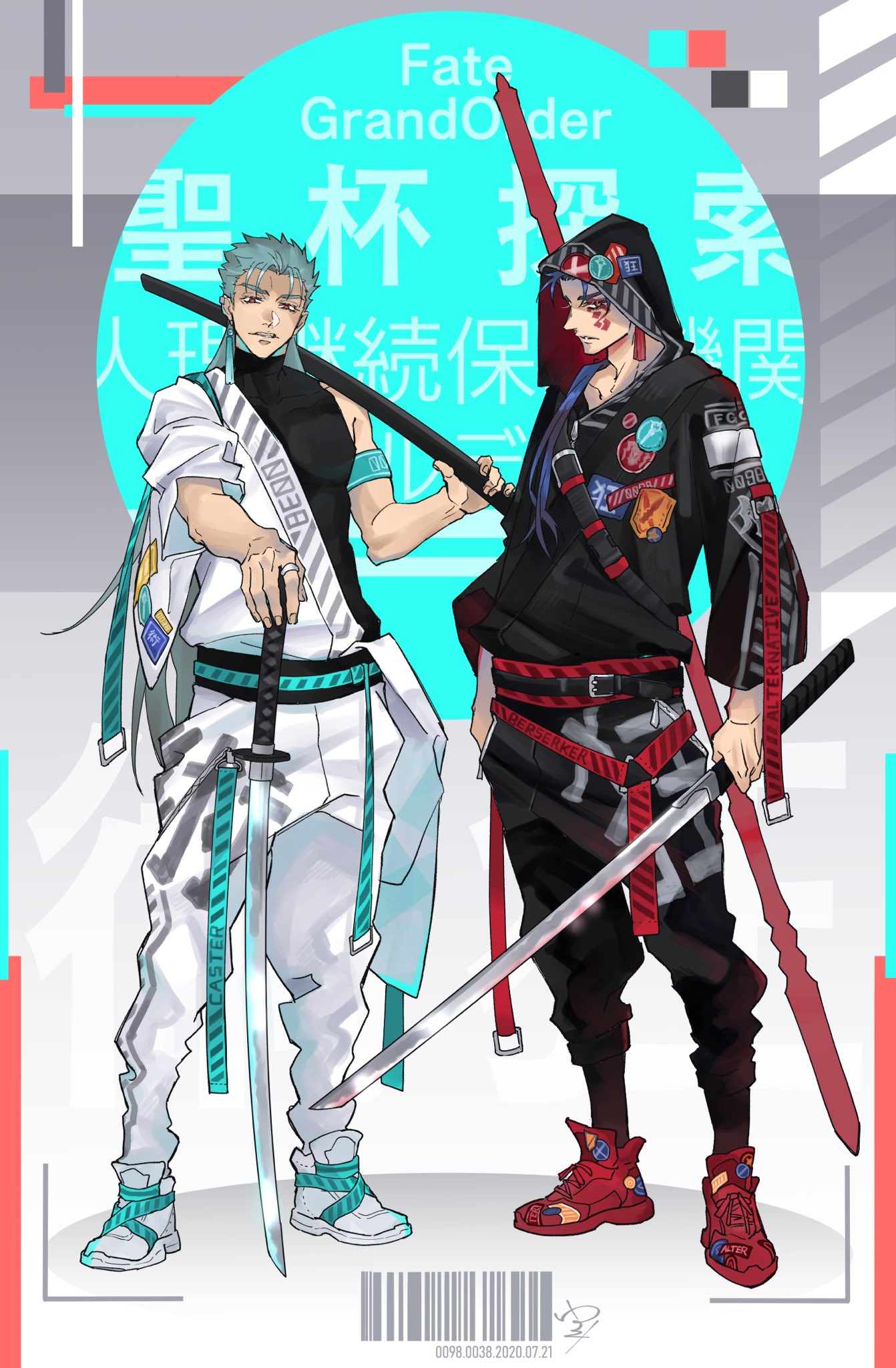2boys alternate_costume alternate_weapon armband barcode belt blooming_yuki blue_hair closed_mouth cu_chulainn_(fate)_(all) cu_chulainn_(fate/grand_order) cu_chulainn_alter_(fate/grand_order) dark_persona earrings facepaint fate/grand_order fate_(series) full_body gae_bolg highres holding holding_sword holding_weapon hood hood_up jewelry jumpsuit katana long_hair looking_at_viewer male_focus multiple_boys multiple_persona patches ponytail red_eyes sheath shoes sneakers spiked_hair standing strap sword type-moon weapon