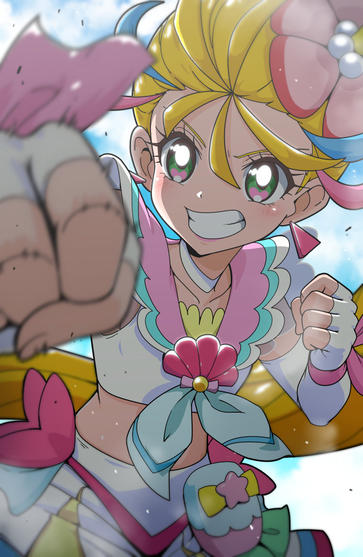 1girl blonde_hair choker collarbone commentary_request cure_summer elbow_gloves fingerless_gloves gloves green_eyes grin heart heart_in_eye magical_girl midriff multicolored_hair natsumi_manatsu precure punching shirt skirt sleeveless sleeveless_shirt smile solo streaked_hair symbol_in_eye teeth tj-type1 tropical-rouge!_precure white_choker white_gloves white_shirt white_skirt