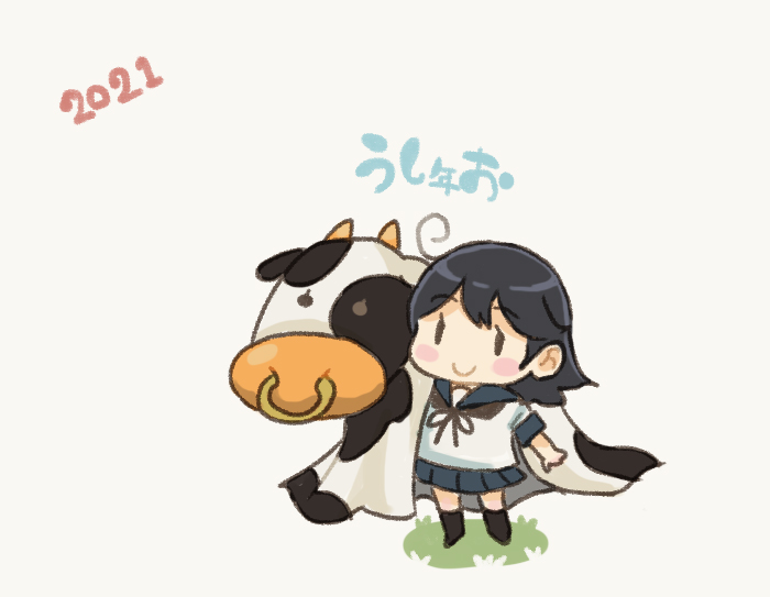 1girl 2021 ahoge animal_costume black_hair black_sailor_collar black_skirt character_name chibi commentary_request cow_costume kantai_collection long_hair otoufu pleated_skirt sailor_collar school_uniform serafuku simple_background skirt smile solo standing ushio_(kantai_collection) white_background