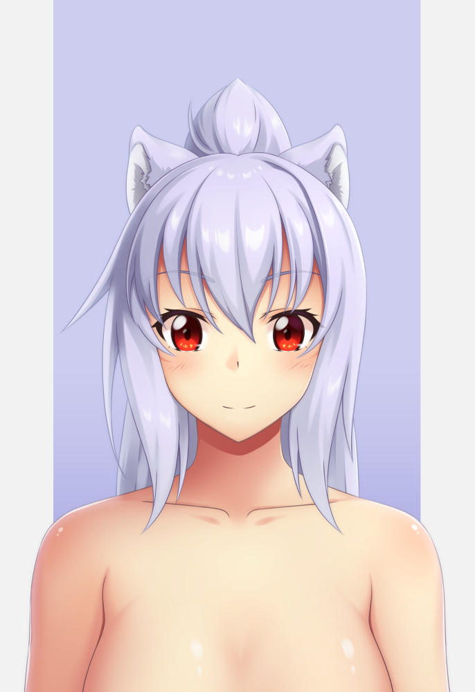1girl animal_ear_fluff animal_ears bangs blush breasts closed_mouth collarbone commentary_request eyebrows_visible_through_hair grey_background hair_between_eyes long_hair medium_breasts nude original out-of-frame_censoring ponytail purple_background purple_hair red_eyes revision shachoo. smile solo two-tone_background upper_body wolf_ears