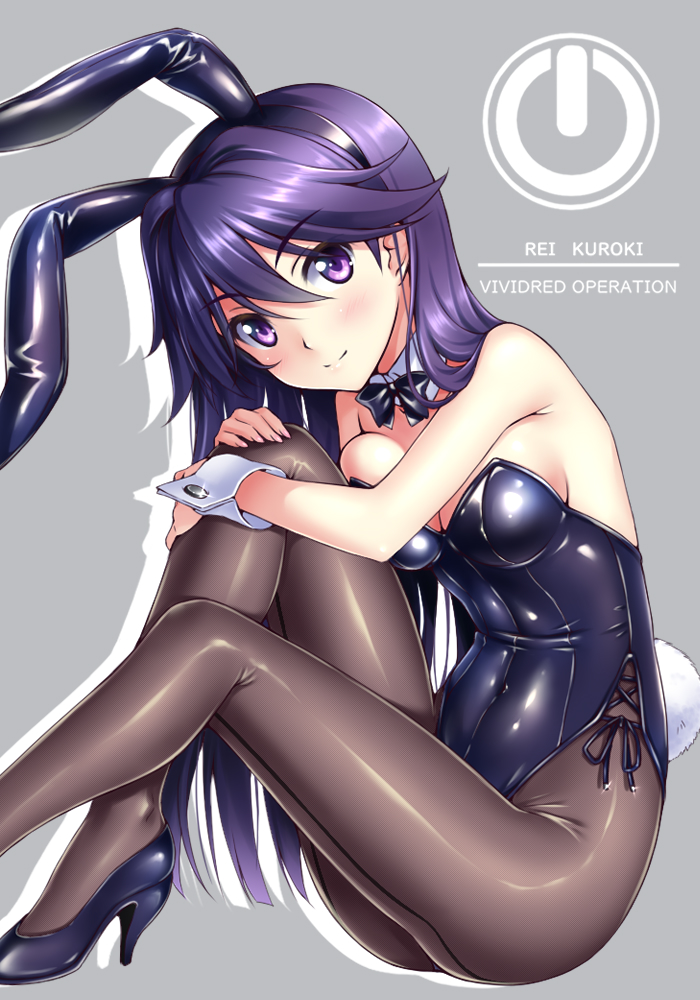 1girl animal_ears black_footwear black_legwear black_leotard black_neckwear bow bowtie bunny_ears bunny_tail character_name commentary_request copyright_name detached_collar grey_background high_heels kuroki_rei leotard looking_at_viewer nonbe pantyhose playboy_bunny power_symbol purple_eyes purple_hair sitting smile solo strapless strapless_leotard tail vividred_operation wrist_cuffs