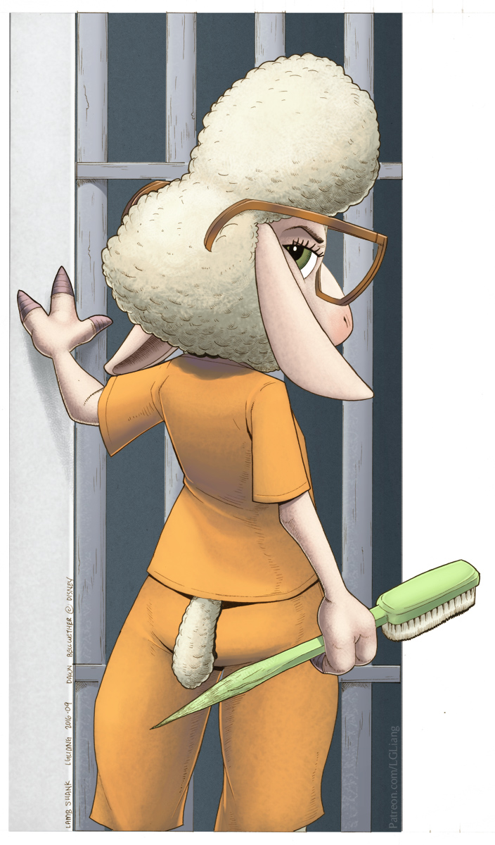 2016 3_fingers anthro bovid caprine clothed clothing conditional_dnp dawn_bellwether disney eyewear female fingers fully_clothed glasses hi_res holding_object holding_weapon improvised_weapon looking_at_viewer looking_back looking_back_at_viewer loupgarou mammal portrait prison_uniform prisoner rear_view sheep solo standing three-quarter_portrait weapon zootopia