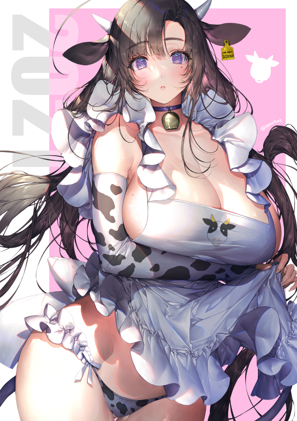 2021 animal_ears animal_print apron bell bell_choker blush breasts brown_hair chinese_zodiac choker closed_mouth cow_girl cow_horns cow_print cowbell duplicate eyebrows_visible_through_hair fingernails frills highres horns huge_breasts jewelry long_fingernails long_hair mole mole_on_breast mole_under_eye neck_ring open_mouth original panties purple_choker purple_eyes senchat sleeves tail twitter_username underwear year_of_the_ox