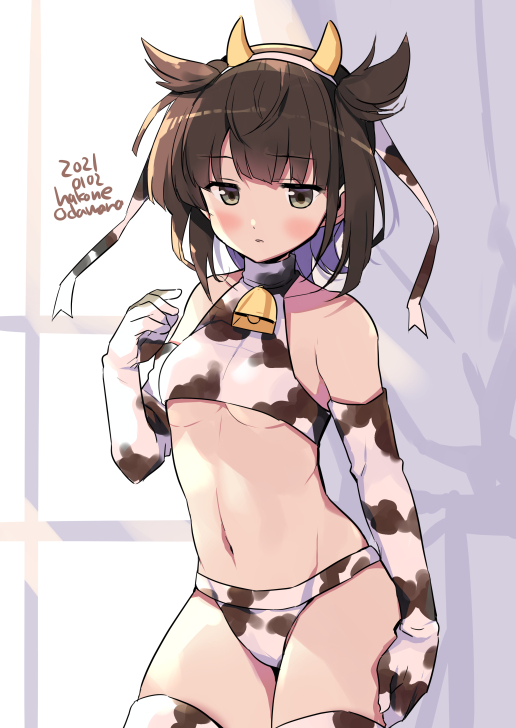 1girl alternate_costume animal_ears animal_print artist_name bikini breasts brown_hair commentary_request cow_ears cow_horns cow_print cowboy_shot dated elbow_gloves fake_animal_ears fake_horns gloves hair_flaps hatsuzuki_(kantai_collection) horns kantai_collection odawara_hakone short_hair small_breasts solo swimsuit thighhighs underboob white_bikini white_gloves white_legwear window yellow_eyes