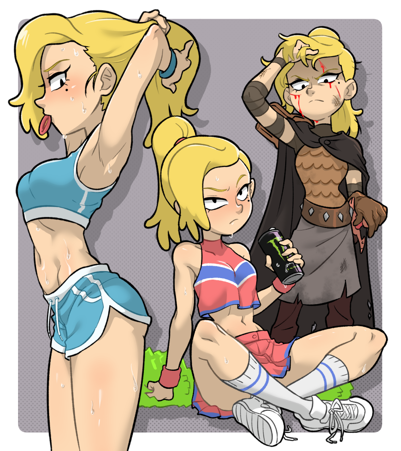 1girl amphibia armor armpits blonde_hair blood blush breasts brown_gloves cape centinel303 cheerleader closed_mouth crop_top frown glaring gloves midriff mole mole_under_eye monster_energy multiple_views navel pom_poms ponytail raised_eyebrow sasha_waybright shaded_face shoes short_hair short_shorts shorts simple_background single_glove sitting skirt small_breasts sneakers socks sweat tying_hair