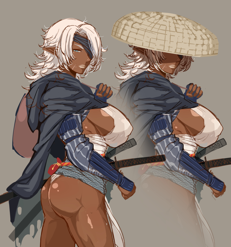 1girl ass bandages blue_eyes breasts covered_nipples dark_elf dark_skin dark_skinned_female elf enoshima_iki eyepatch grey_background hat katana looking_at_viewer original pointy_ears sheath sheathed simple_background sword weapon