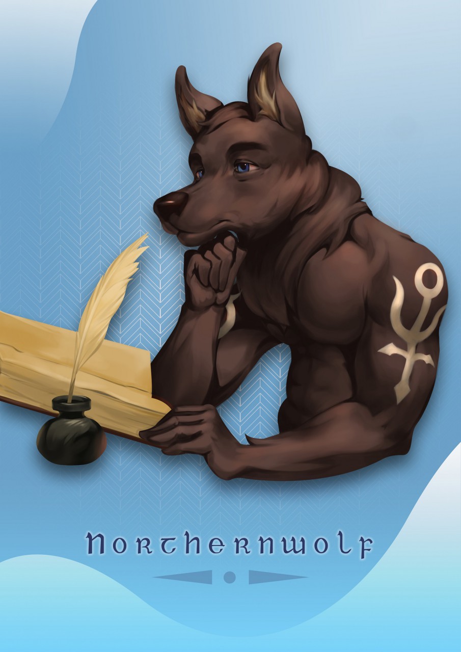 2019 abs anthro black_nose blue_background blue_eyes book brown_body brown_fur brown_nose canid canine canis english_text eyebrows feathers fur gradient_background hair hi_res ink inner_ear_fluff loose_feather male mammal muscular muscular_anthro muscular_male neck_tuft pimpartist quill reading simple_background solo tattoo text thinking traditional_media_(artwork) tuft wolf