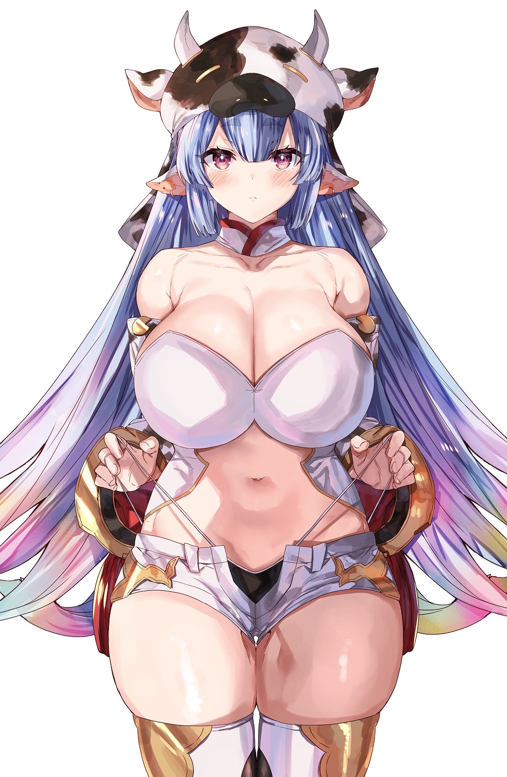 1girl animal_ears animal_print bangs bare_shoulders bikini blue_hair blush breasts cleavage closed_mouth collarbone cow_ears cow_girl cow_hat cow_horns cow_print detached_collar detached_sleeves draph ear_piercing eno_yukimi granblue_fantasy highres horns large_breasts long_hair looking_at_viewer navel piercing pointy_ears purple_eyes shatola_(granblue_fantasy) short_shorts shorts simple_background swimsuit thighhighs thighs very_long_hair white_background white_bikini white_legwear white_shorts wide_sleeves