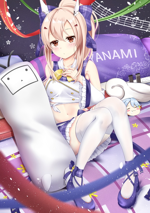 1girl armpits ayanami_(azur_lane) ayanami_(troubled_star_idol)_(azur_lane) azur_lane bangs blurry blush bow brown_eyes character_doll character_name collarbone commentary_request depth_of_field detached_sleeves eyebrows_visible_through_hair fubuki_(azur_lane) hair_bow hair_ornament hair_ribbon hairclip hand_on_own_chest head_tilt headgear idol long_hair looking_at_viewer midriff musical_note navel petals pillow pleated_skirt ponytail purple_footwear retrofit_(azur_lane) ribbon shoes sidelocks silver_hair sitting skirt solo sword thighhighs u.b_m1s2s weapon white_legwear wide_sleeves zettai_ryouiki