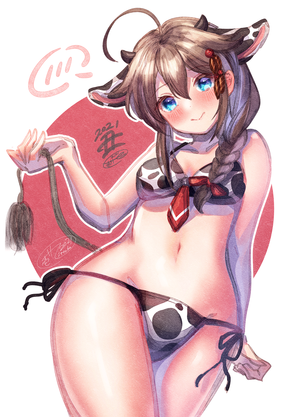 1girl 2021 ahoge animal_ears animal_print artist_name blue_eyes blush braid breasts brown_hair chinese_zodiac closed_mouth collarbone cow_ears cow_girl cow_horns cow_print cow_tail embarrassed eyebrows_visible_through_hair hair_between_eyes hair_flaps highres horns ittokyu kantai_collection long_hair medium_breasts remodel_(kantai_collection) shigure_(kantai_collection) signature single_braid solo tail year_of_the_ox