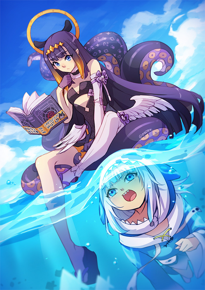 2girls animal_hood blue_eyes blue_hair clenched_hand cloud english_commentary flat_chest floating floating_book floating_object gawr_gura halo hololive hololive_english hood looking_down monogram multicolored_hair multiple_girls ninomae_ina'nis ocean open_mouth platform_footwear shark_hood sharp_teeth silver_hair sky streaked_hair teeth tentacles underwater virtual_youtuber vmat wings
