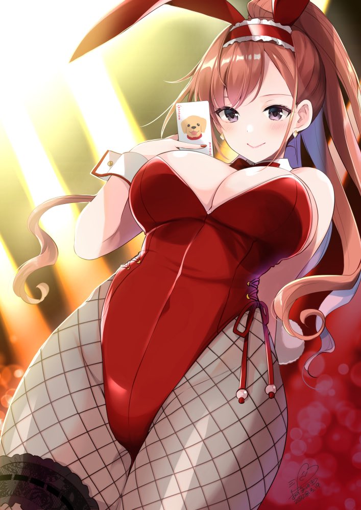 1girl animal_ears arisugawa_natsuha azuma_yuki bare_shoulders black_eyes bow bowtie breasts bunny_ears bunny_girl bunny_tail card commentary_request detached_collar dutch_angle earrings fake_animal_ears fishnet_legwear fishnets high_ponytail idolmaster idolmaster_shiny_colors jewelry large_breasts leotard long_hair looking_at_viewer looking_down pantyhose playboy_bunny red_hair red_leotard red_nails solo strapless strapless_leotard tail thigh_strap wing_collar wrist_cuffs