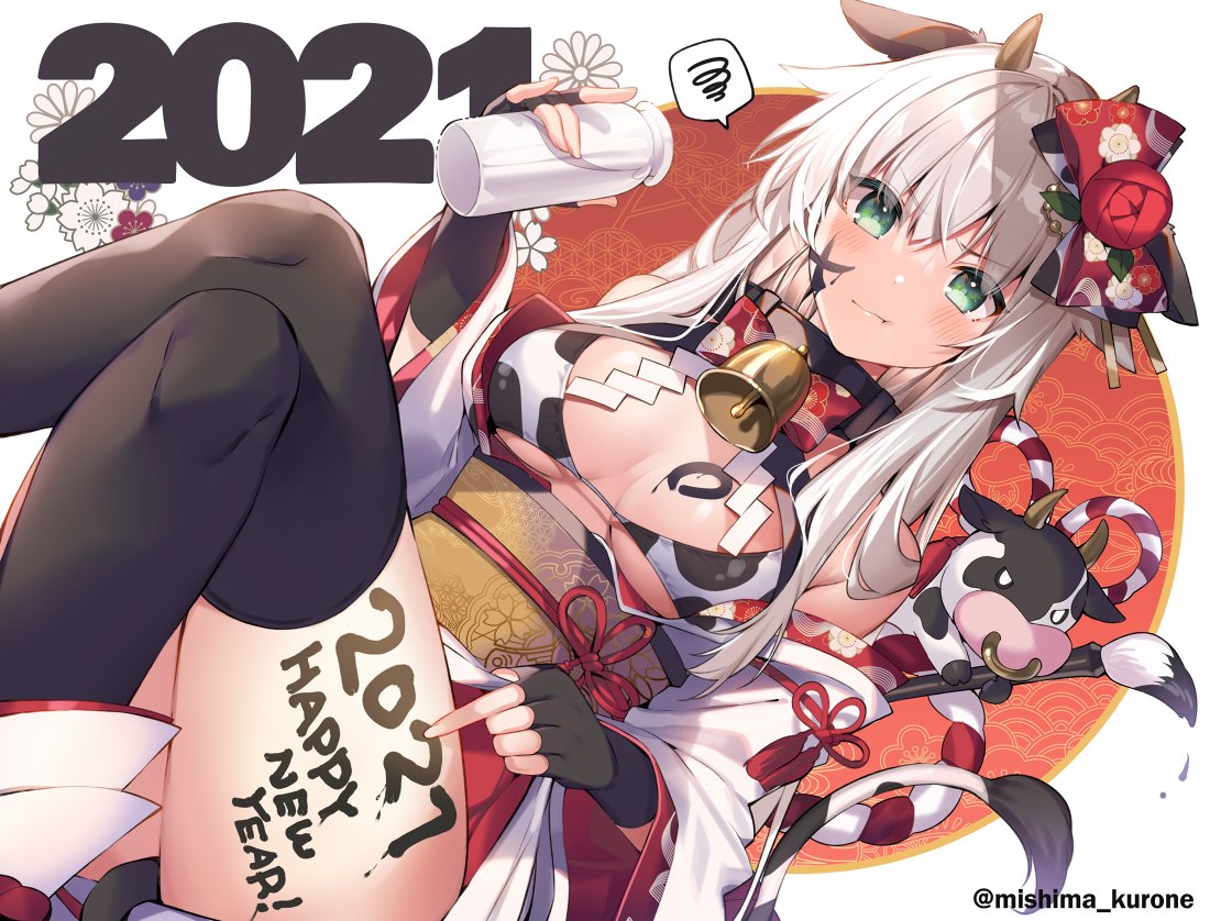 1girl 2021 :t anceril_sacred animal_ears animal_print bare_shoulders bell bikini bikini_top black_gloves black_legwear bottle bow bowtie chinese_zodiac cow cow_ears cow_girl cow_horns cow_print cow_tail crossed_legs fingerless_gloves frown gloves green_eyes happy_new_year holding horns japanese_clothes kimono kouhaku_nawa long_hair long_sleeves looking_at_viewer mishima_kurone new_year obi off_shoulder pout rope sash shirokami_project silver_hair solo spoken_squiggle squiggle string_bikini swimsuit tail thighhighs thighs v-shaped_eyebrows white_bikini white_kimono wide_sleeves year_of_the_ox